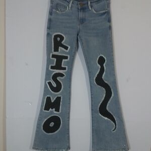 Trendy Light Blue Flare Jeans with Black Graphic